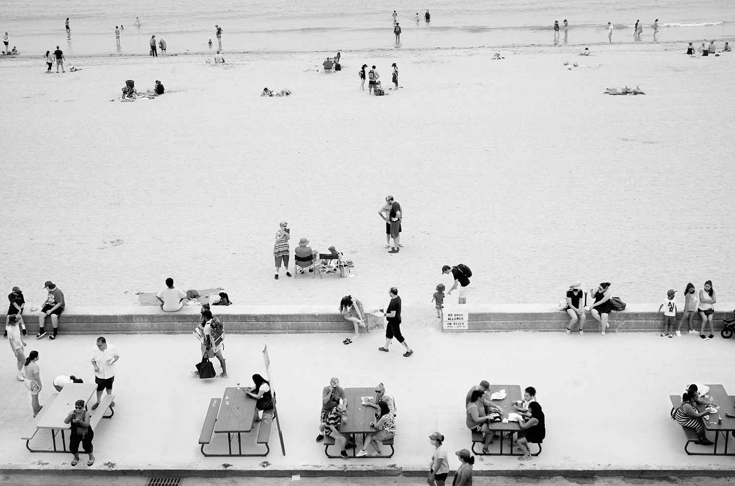 A wide, high-contrast aerial of a beach scene with scattered bathers, distant and small, alluding to the fleeting and fragmentary nature of public life.
